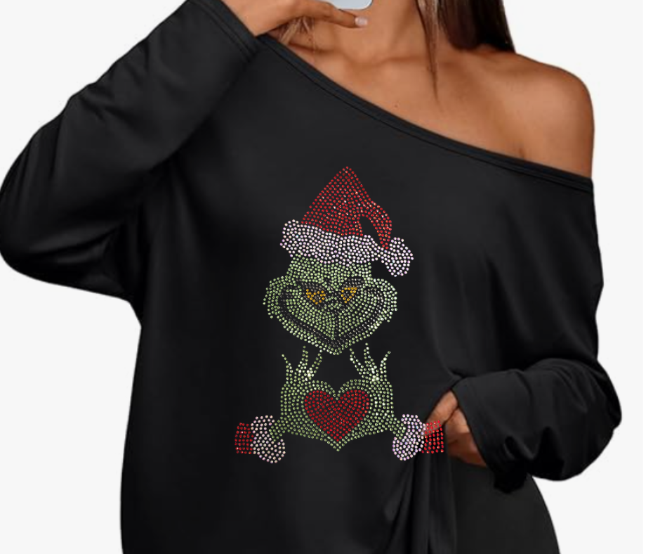 Christmas Grinch Blinged Rhinestone Off the shoulder long sleeve sleek