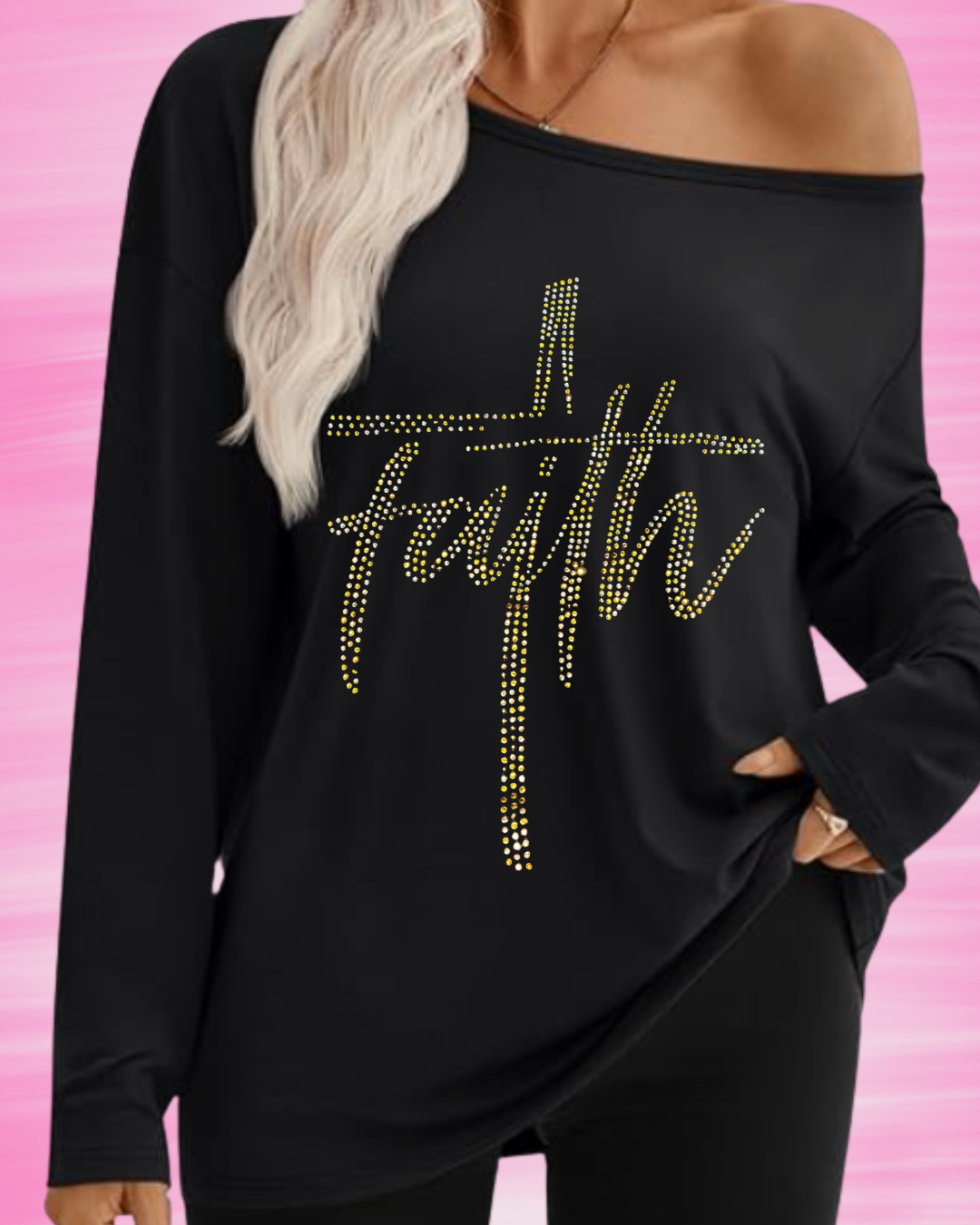 Off the Shoulder Long Sleeve Oversized Faith Shirt