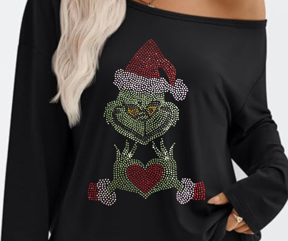 Christmas Grinch Blinged Rhinestone Off the shoulder long sleeve sleek