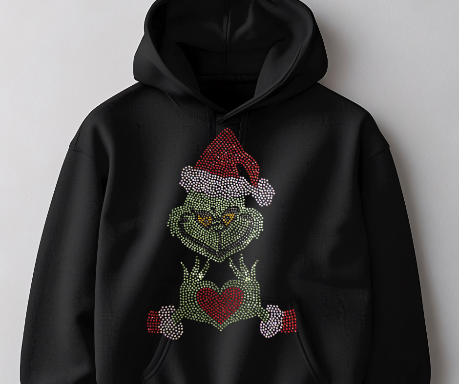 Christmas Grinch Comfy Rhinestone Hoodie Blinged out Beauty