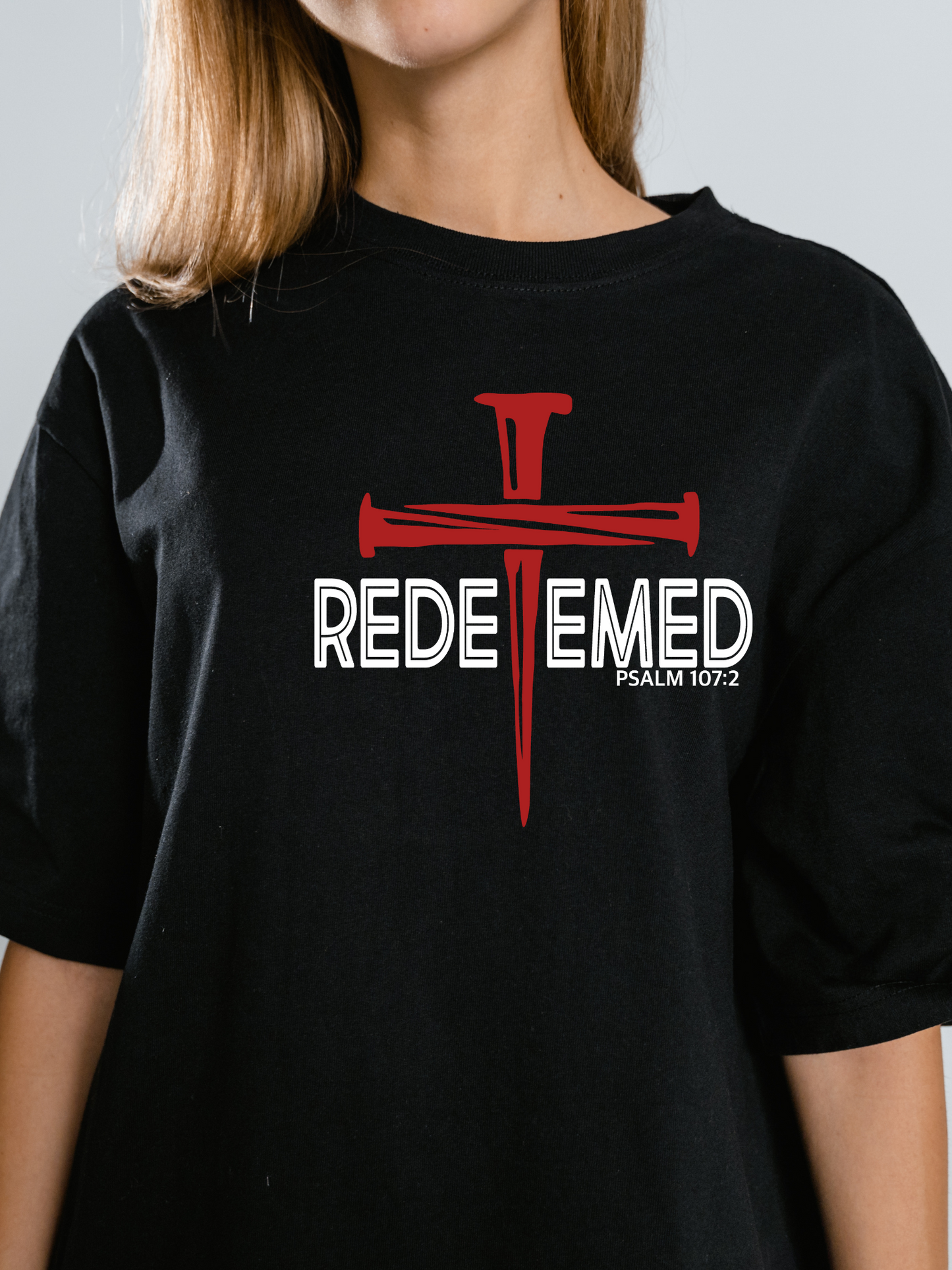 Redeemed by His blood Psalm 107:2 Tee Short Sleeve Soft Cotton