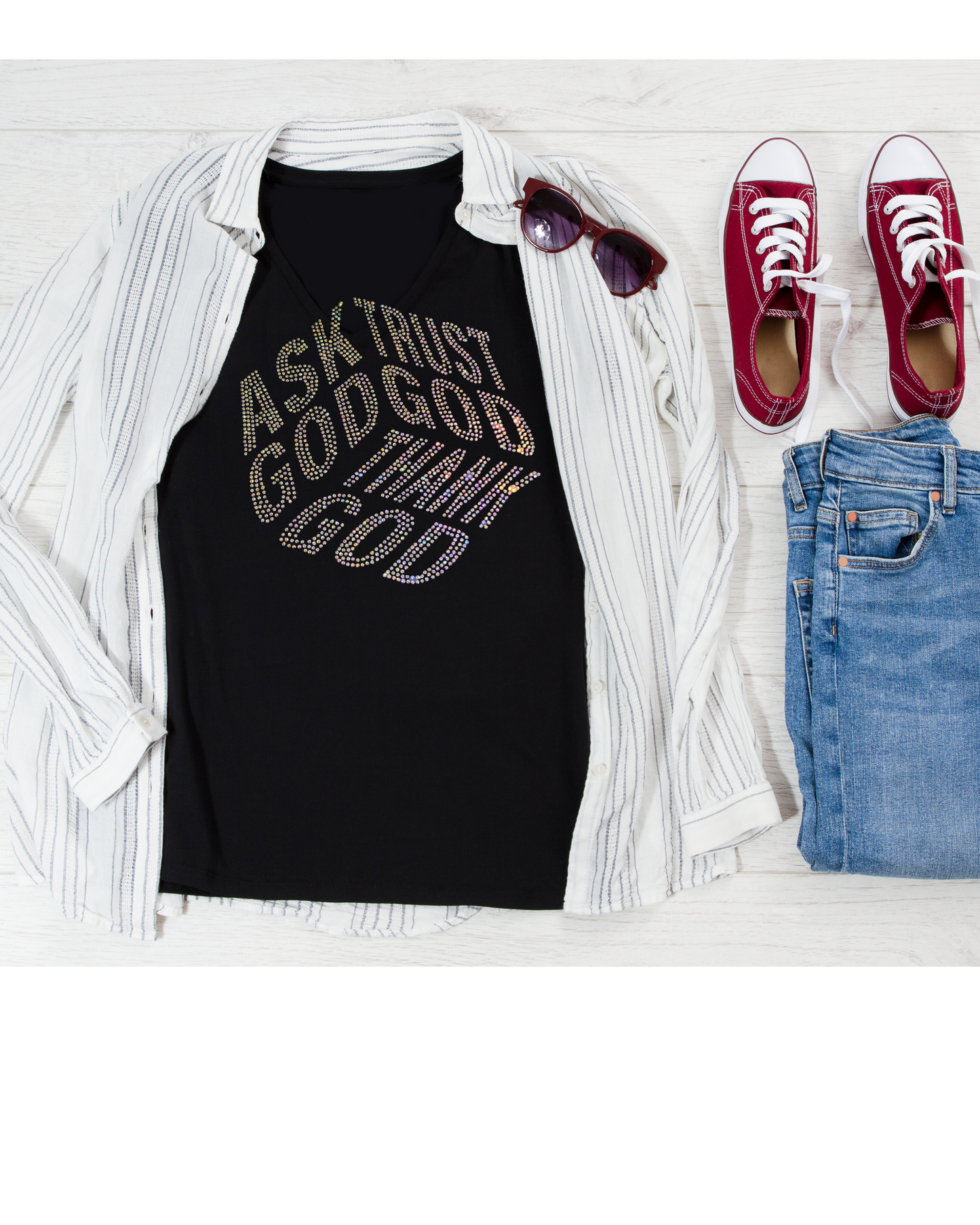 Ask God Trust God Thank God Rhinestone Tee