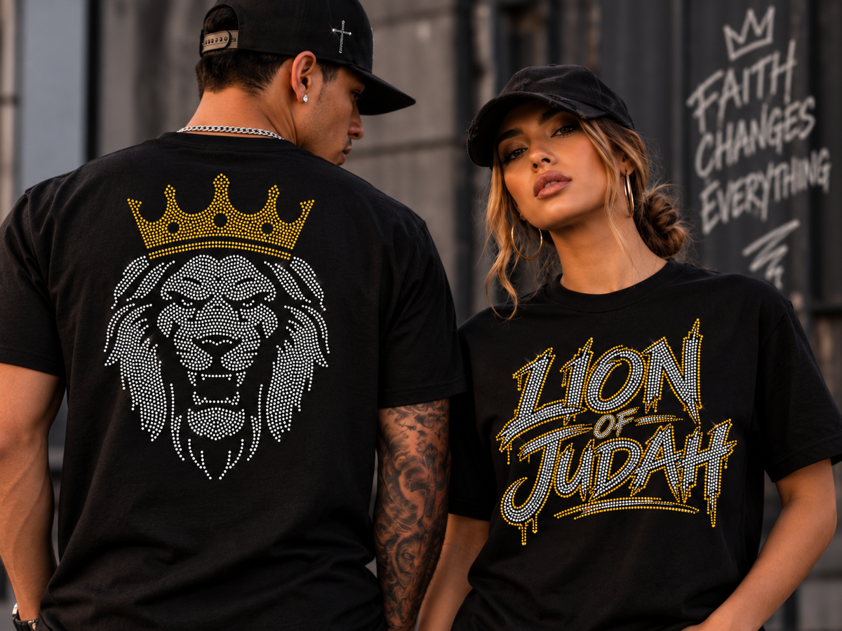 Lion of Judah Double-Sided Rhinestone Tee 3,500+ Rhinestones Urban Street Christian Wear
